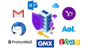 تصویر یک سرور با یک شخص، سپر و کلید، احاطه شده توسط لوگوهای سرویس‌های ایمیل - برجسته کردن ویژگی‌هایی مانند پیش ار خودکار از Gmail، Outlook، iCloud، Yahoo! Mail، AOL، GMX، ProtonMail، Zoho Mail و Thunderbird.