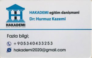 کارت ویزیت مشاوره تحصیلی HAKADEMI با مشخصات دکتر هرموز کاظمی، اطلاعات تماس، آرم ساختمان آبی و متن ترکی. خدماتی مانند اخذ پذیرش دانشجویی در ترکیه را برجسته می کند.